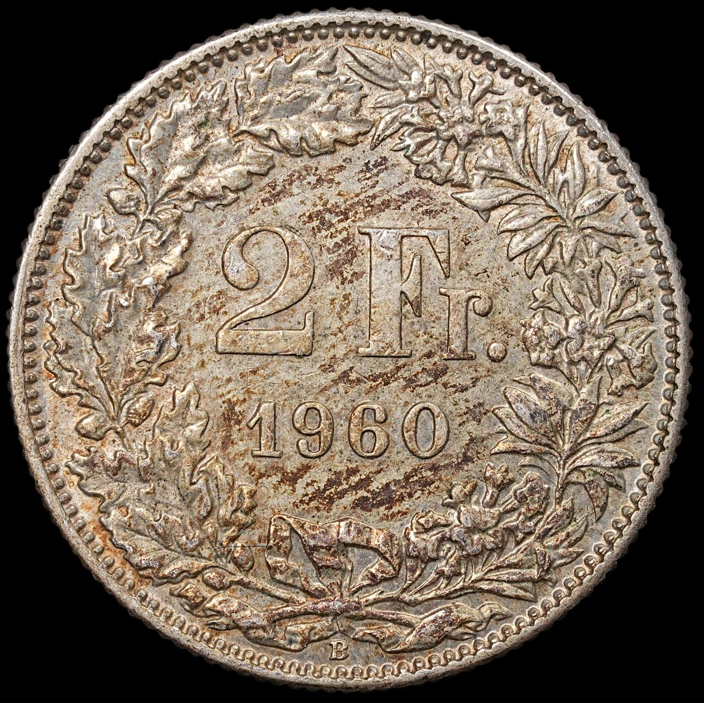 修遠堂世界钱币第八十九期 1960年瑞士2法郎银币 10g，含银83.5%