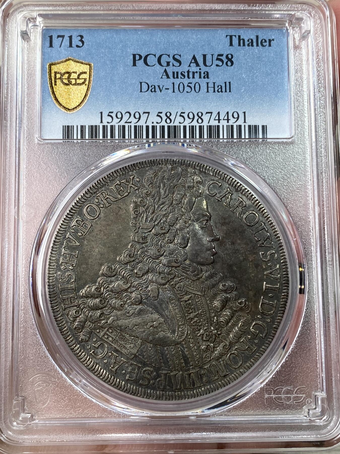 万国钱币拍卖第053期【万国秋季大拍下●周五周六两场连拍】 PCGS AU58 1713年神圣罗马帝国卡尔六世双头鹰大泰勒 超绝大波浪原味深五彩包浆