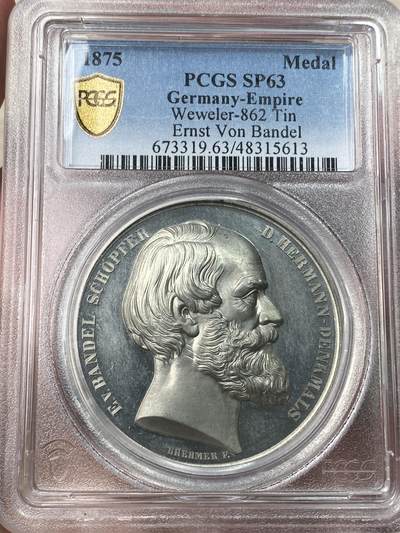万国钱币拍卖第053期（万国秋季大拍●上） - PCGS SP63 1875年德国布雷默完成赫曼登克马尔纪念碑纪念锡章 镜面精铸 PC唯一冠军