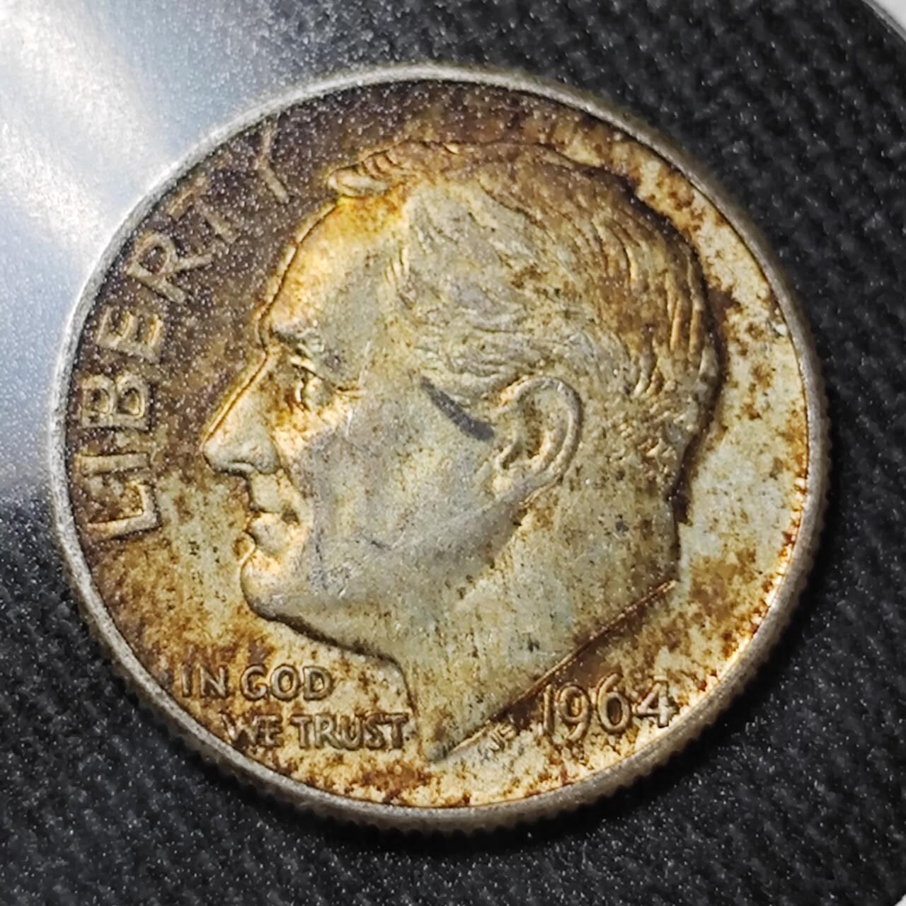 KK钱币收藏小铺  （套币 批量/好品散币 银币）专场  2月预留时间 周末发货   1964美国10分银币 带彩漂亮