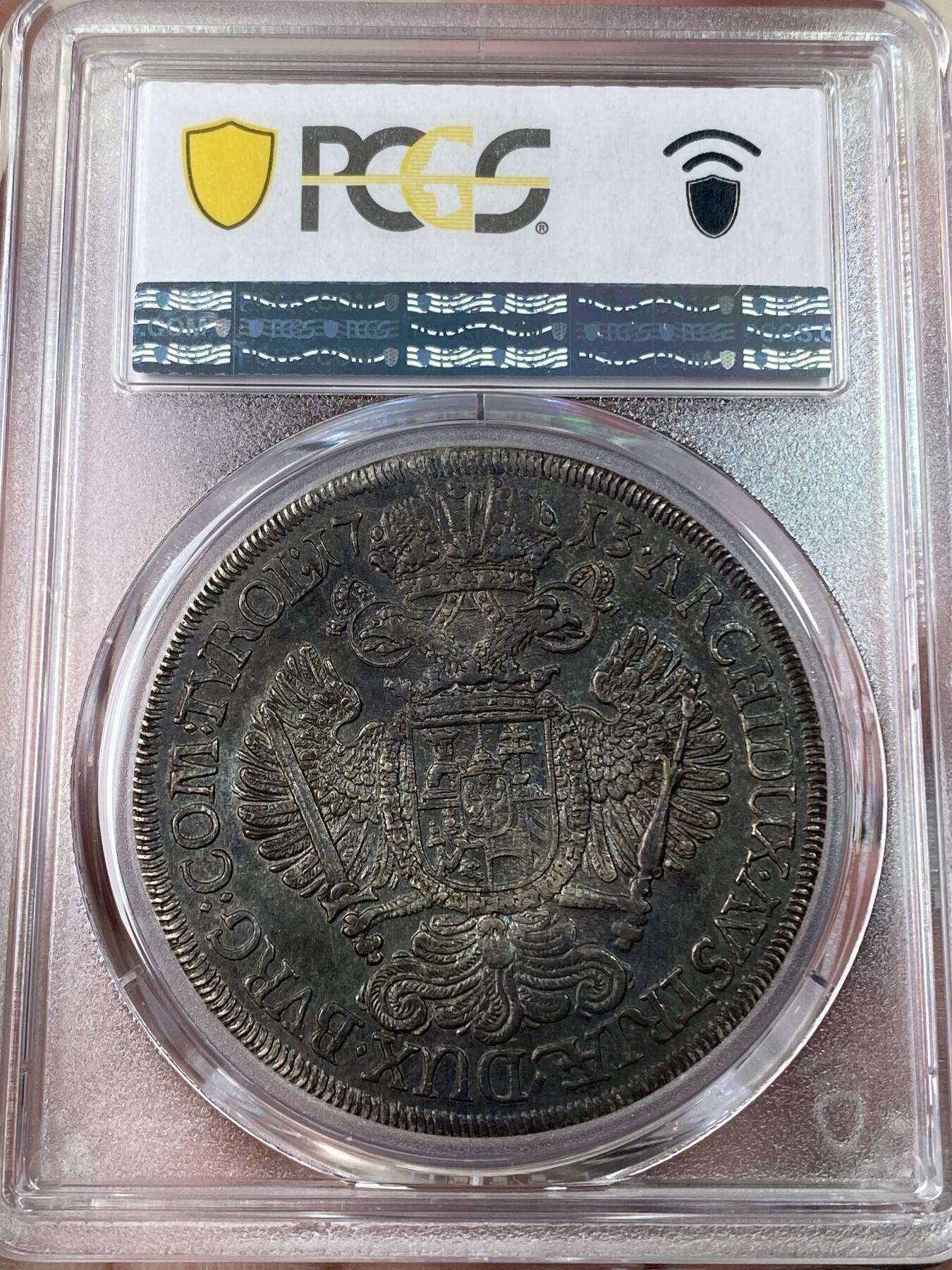 万国钱币拍卖第053期【万国秋季大拍下●周五周六两场连拍】 PCGS AU58 1713年神圣罗马帝国卡尔六世双头鹰大泰勒 超绝大波浪原味深五彩包浆