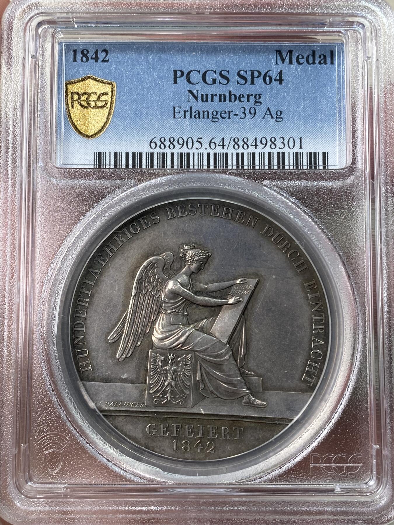 万国钱币拍卖第053期【万国秋季大拍上●周五周六两场连拍】 PCGS SP64 1842年德国纽伦堡仆人救济基金100周年纪念银章 细节刻画精工浮雕感极重 罕见品种 PC唯一冠军分