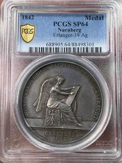 万国钱币拍卖第053期【万国秋季大拍上●周五周六两场连拍】 - PCGS SP64 1842年德国纽伦堡仆人救济基金100周年纪念银章 细节刻画精工浮雕感极重 罕见品种 PC唯一冠军分