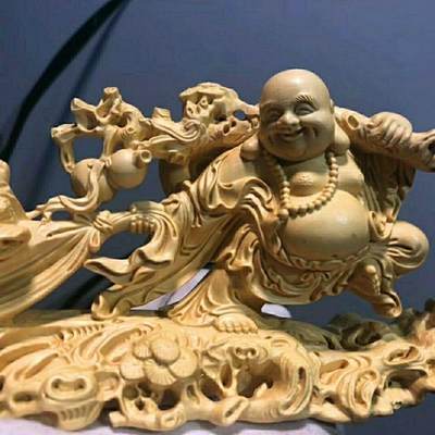 听雨轩（一） 木雕专场 - 黄杨木雕刻  拉袋弥勒佛 金玉满堂摆件