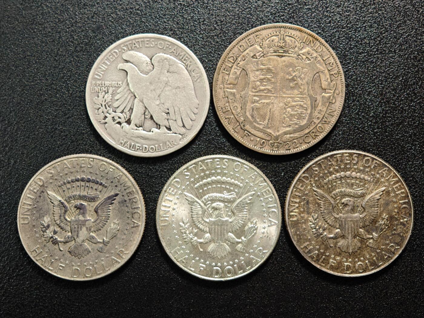 【德藏】世界币章拍卖第150期（拍品征集中~欢迎藏友联系） 5枚一组 美国半圆银币4枚 及 1922年 英国乔治五世半克朗银币 直径约：30.4mm, 30.6mm, 32.2mm；重约：12g, 12.3g, 13.7g