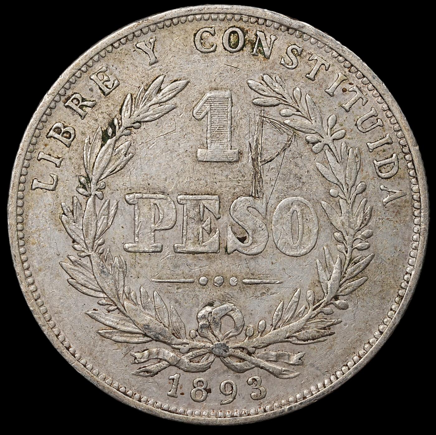 修遠堂世界钱币第八十九期 1893年乌拉圭1比索大银币 币面有划痕 24.90g，含银90%
