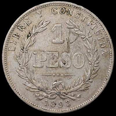 修遠堂世界钱币第八十九期 - 1893年乌拉圭1比索大银币 币面有划痕 24.90g，含银90%