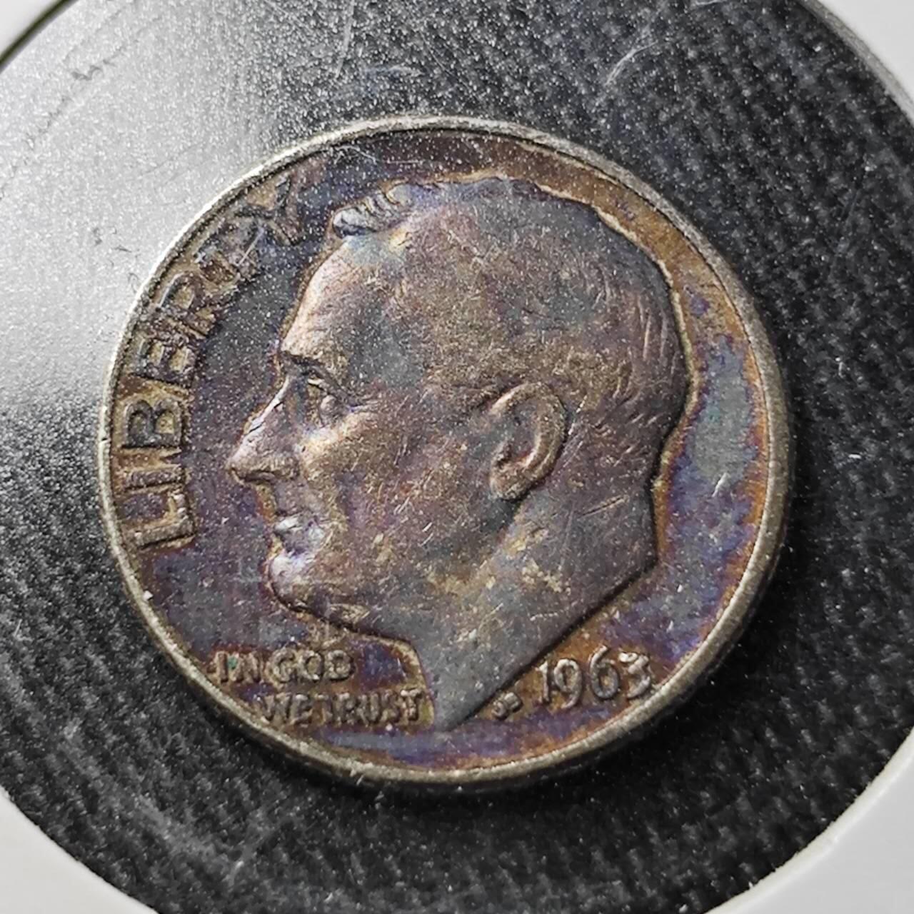 KK钱币收藏小铺  （套币 批量/好品散币 银币）专场  2月预留时间 周末发货  1963美国10分银币 带彩漂亮