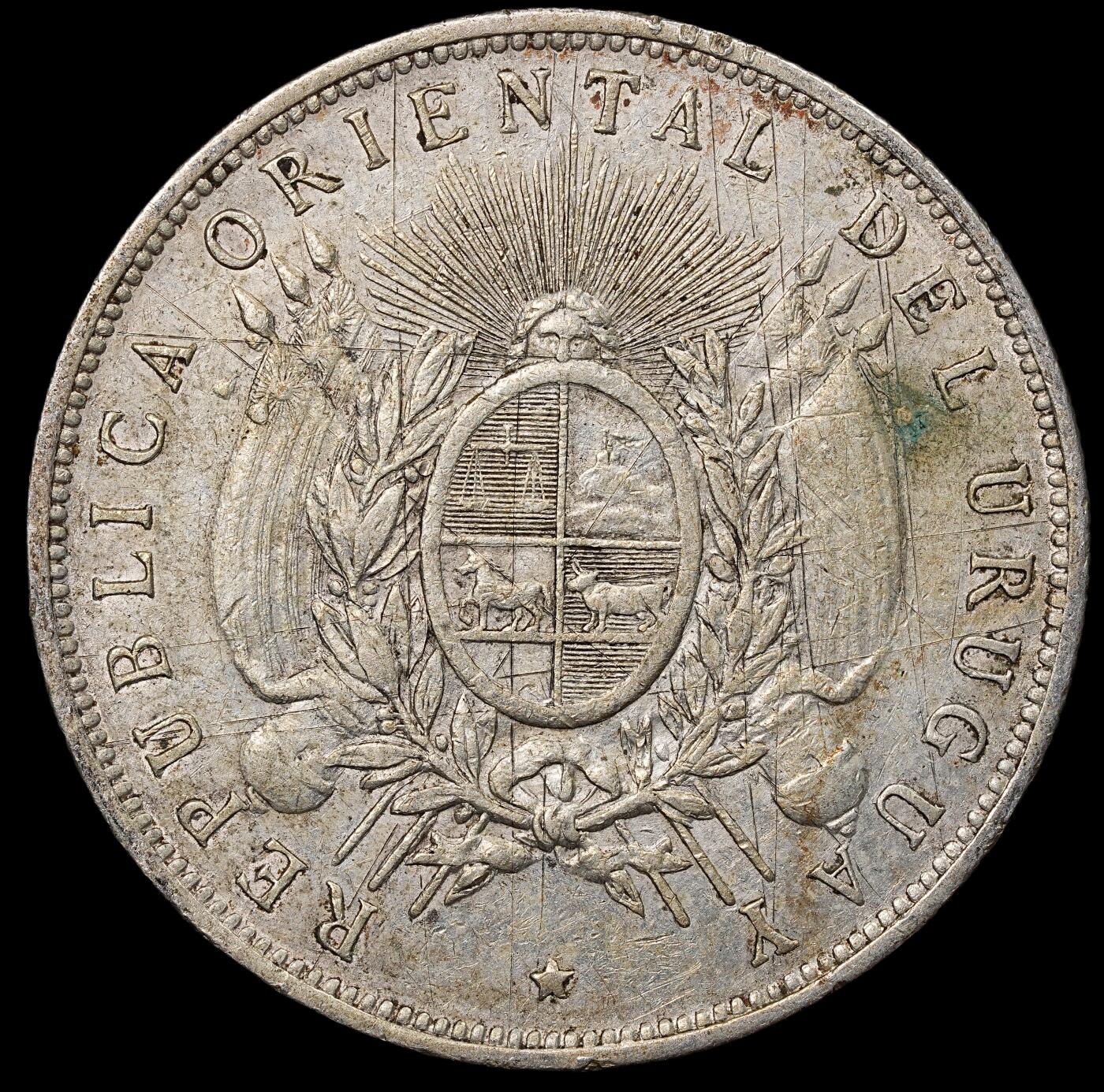 修遠堂世界钱币第八十九期 1893年乌拉圭1比索大银币 币面有划痕 24.90g，含银90%