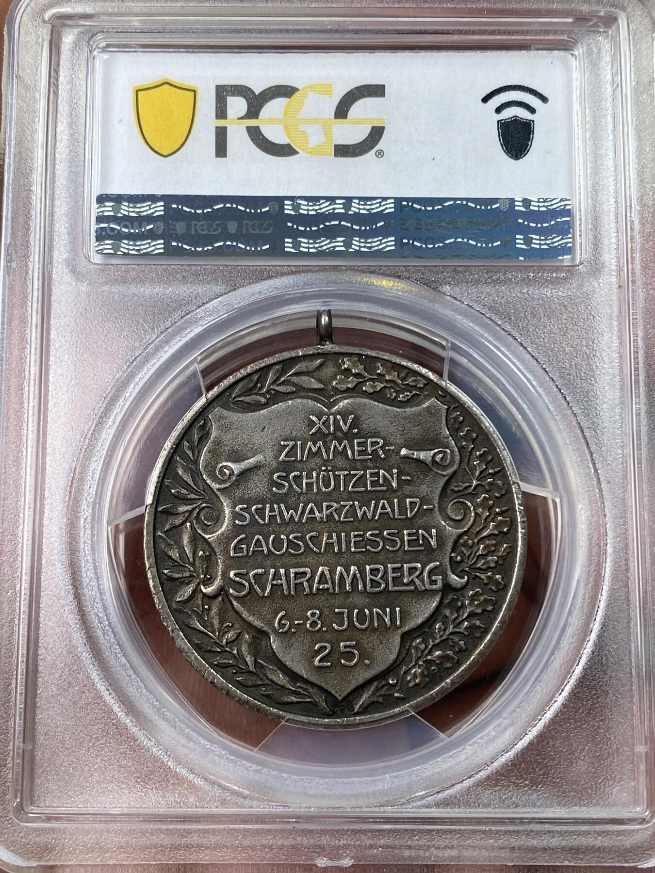 万国钱币拍卖第053期【万国秋季大拍下●周五周六两场连拍】 PCGS AU58 1925年德国施兰贝格黑森林射击节纪念银章 边铭990银 均匀酱彩