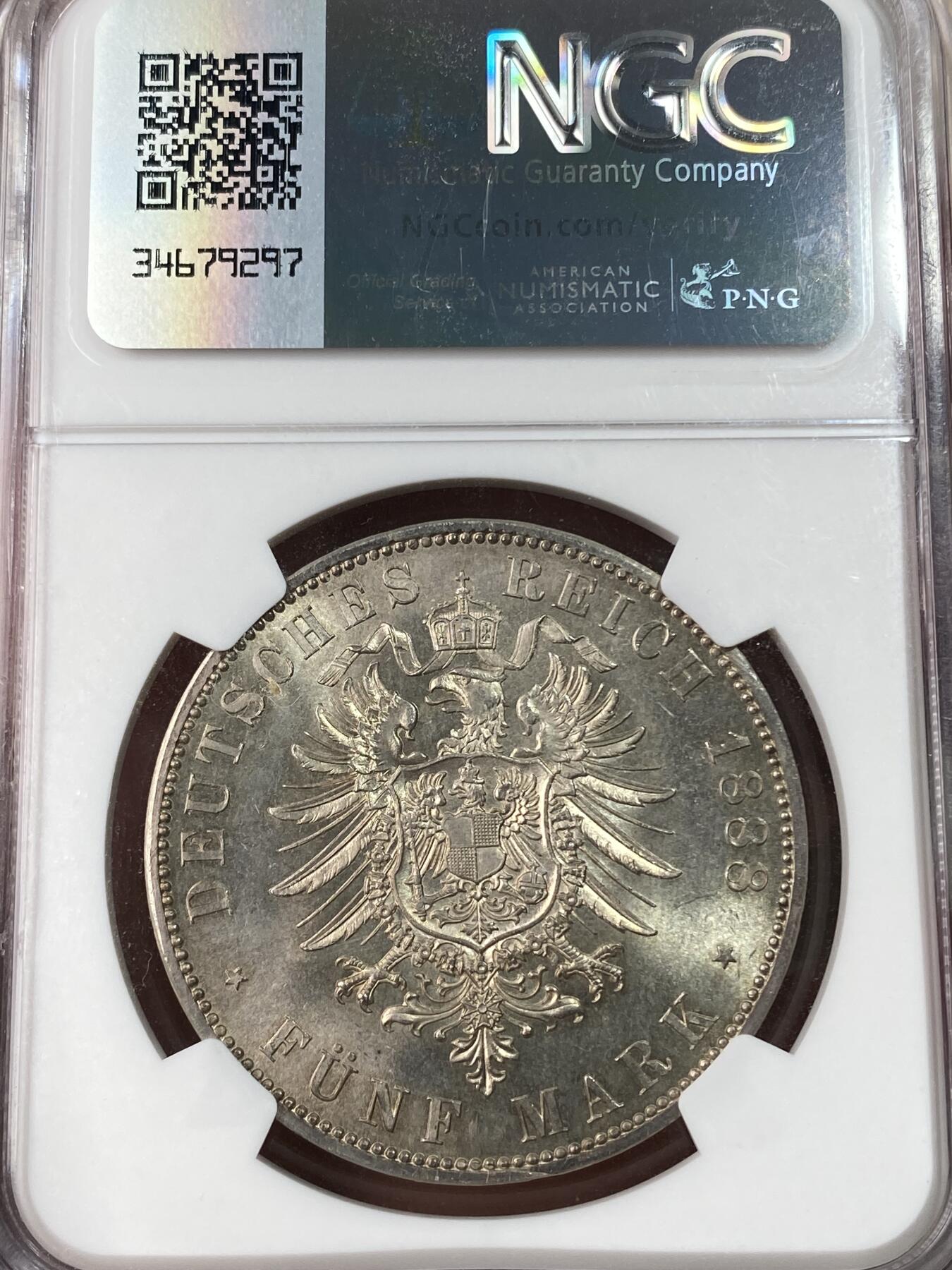 万国钱币拍卖第053期【万国秋季大拍上●周五周六两场连拍】 NGC UNCD 1888年德国普鲁士三皇之年腓特烈三世流通短翅5马克 短翅马克经典之作 原光品相