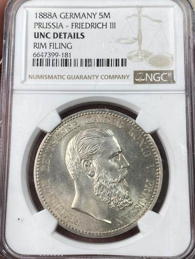 万国钱币拍卖第053期【万国秋季大拍上●周五周六两场连拍】 - NGC UNCD 1888年德国普鲁士三皇之年腓特烈三世流通短翅5马克 短翅马克经典之作 原光品相