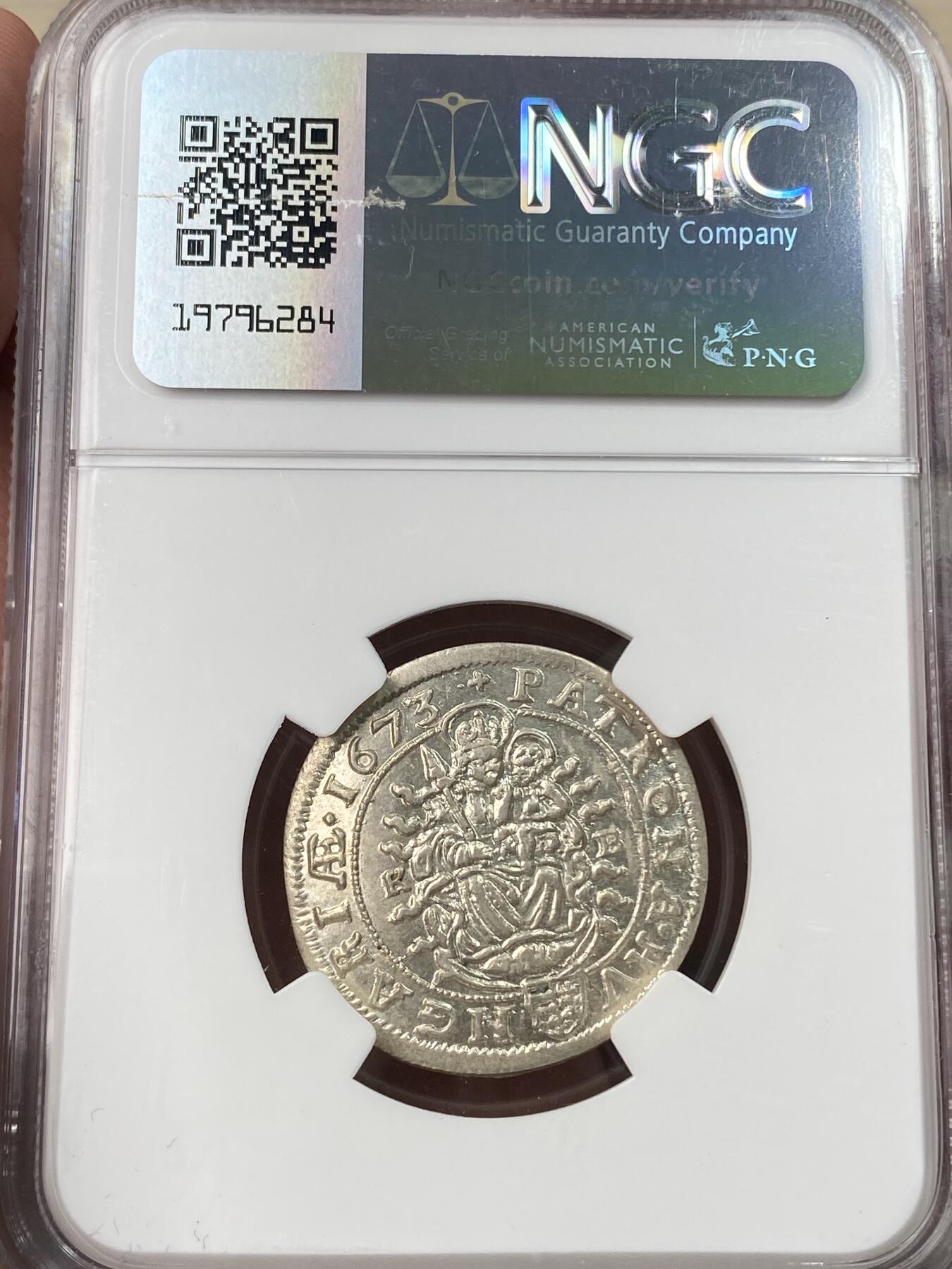 万国钱币拍卖第053期【万国秋季大拍上●周五周六两场连拍】 NGC MS63 1673年神圣罗马帝国利奥波德一世6克洛泽银币 全深打难得原光好状态