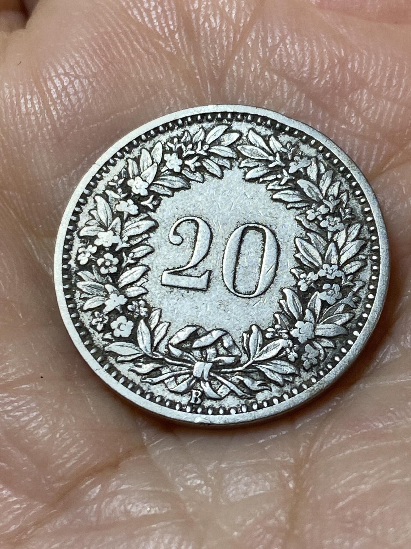 2025年第一百一十三场(总第一百三十九场）瑞士辅币专场(免佣金) 稀少早期年份–瑞士🇨🇭1885年20分(第二版，B标伯尔尼造)