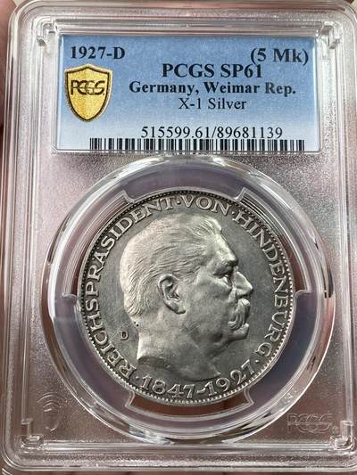 万国钱币拍卖第053期【万国秋季大拍上●周五周六两场连拍】 - PCGS SP61 1927年德国魏玛共和国兴登堡总统80大寿5马克币章 卡尔哥茨作品 原味银霜感