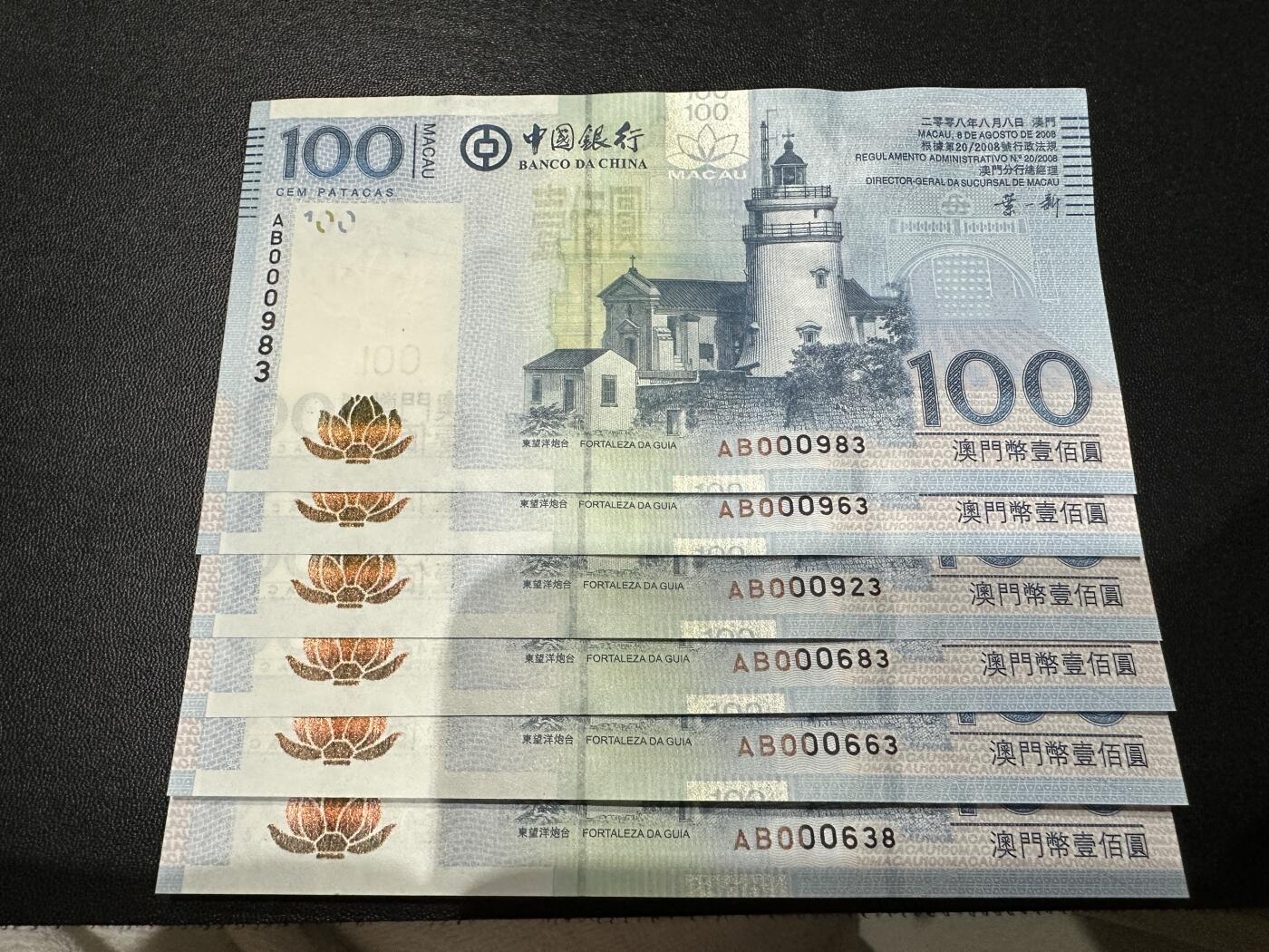 《外钞收藏家》第五百七十六期（精选场）（本平台长期征集拍品、欢迎藏友们联系合作） 2008年澳门中国银行100元 全新UNC 6张一起  全部是百位号 尾3和8