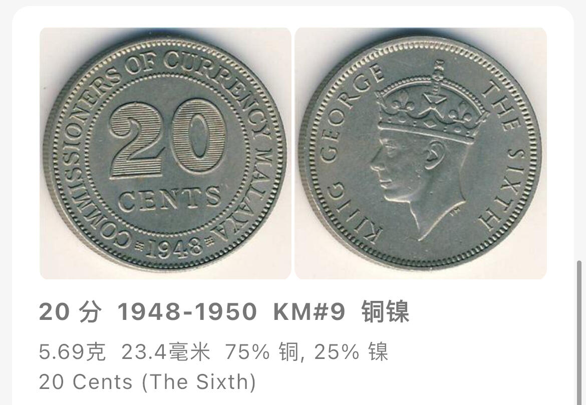 回流1019 马来亚1948年20分镍币
