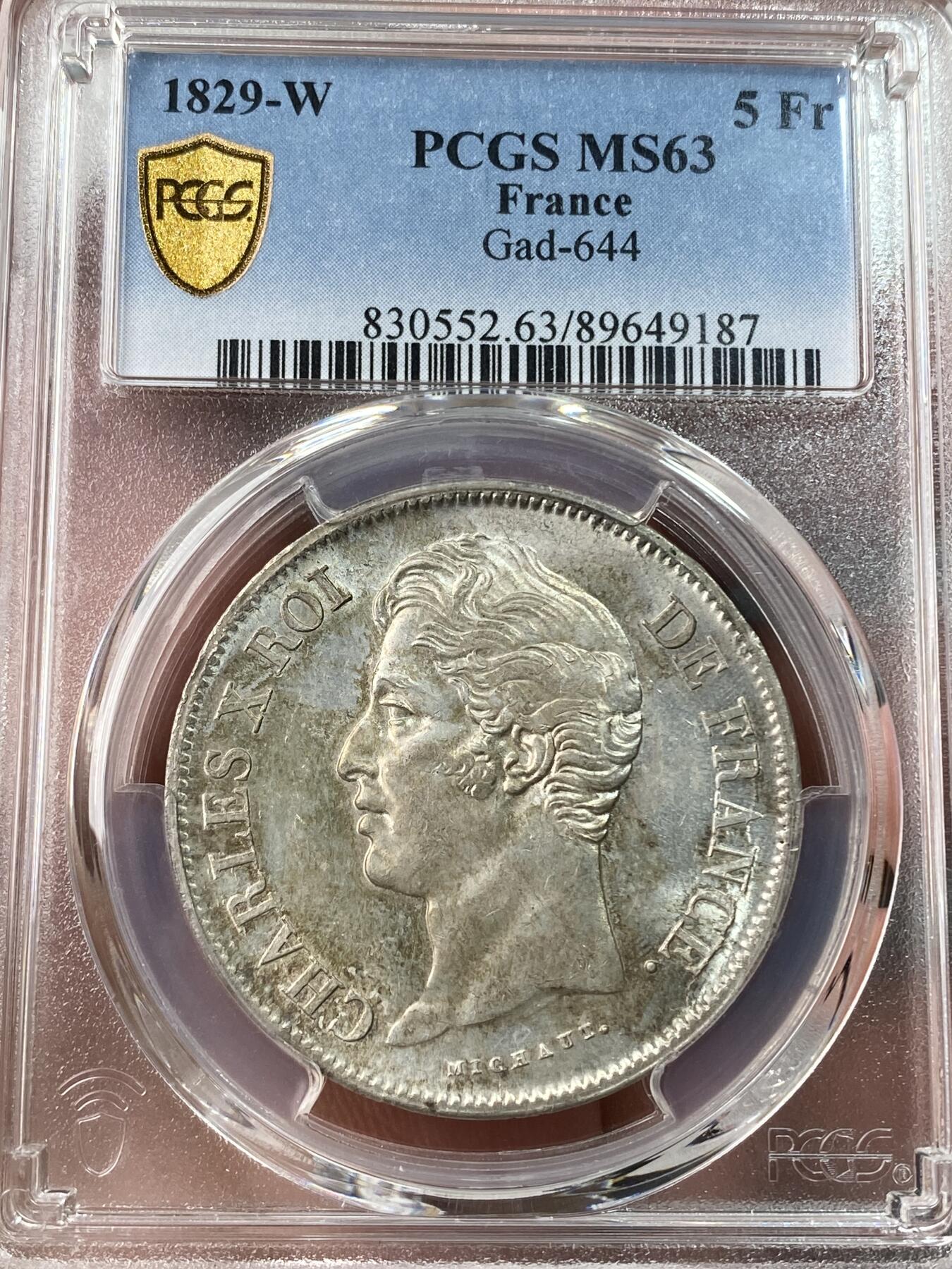万国钱币拍卖第053期【万国秋季大拍下●周五周六两场连拍】 PCGS MS63 1829年W法国查理十世5法郎大银币 里尔厂铸 银霜十字转光淡金彩欧陆原味 全深打PCGS唯一冠军分 一步到位的收藏品质