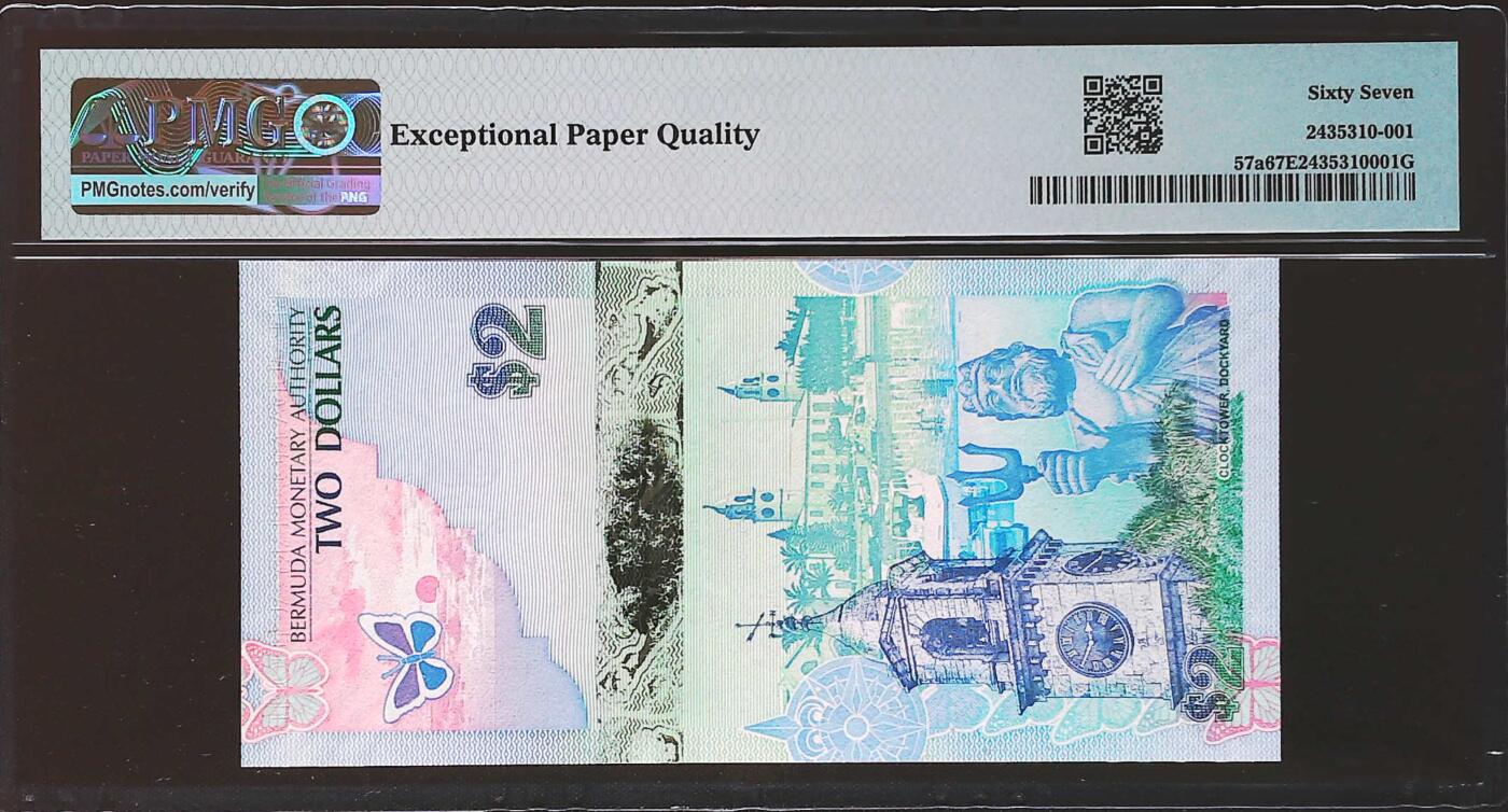世界靓号纸钞第七十六期 2009年百慕大2元 稀少洋葱冠 全程无347 PMG67 2009年IBNS世界最佳纸币 难出分品种