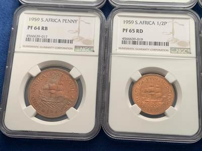 《竞宝斋》第429场 周日，周一，周二 3场连拍 （全场包邮） 特年 8枚一组 NGC PF63-65 南非 1959年 精制币一组 含5枚银币 从法新到2.5先令 一次配齐 发行量只有950套 最少的年份 