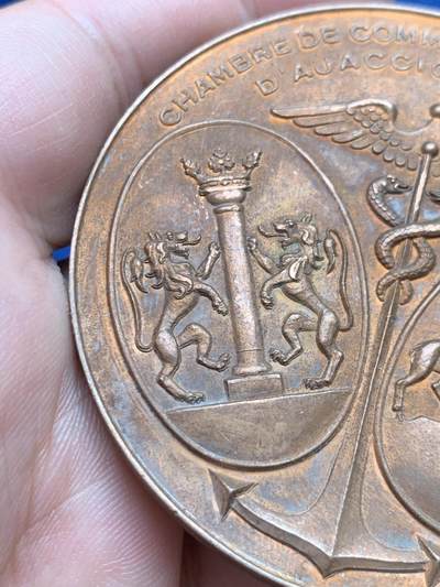 《竞宝斋》第429场 周日，周一，周二 3场连拍 （全场包邮） 法国阿雅克肖工商会铜质纪念章（1961年巴黎造币厂） 坎波德尔奥罗航站楼启用纪念 126克 62.5mm 丰饶角铜标