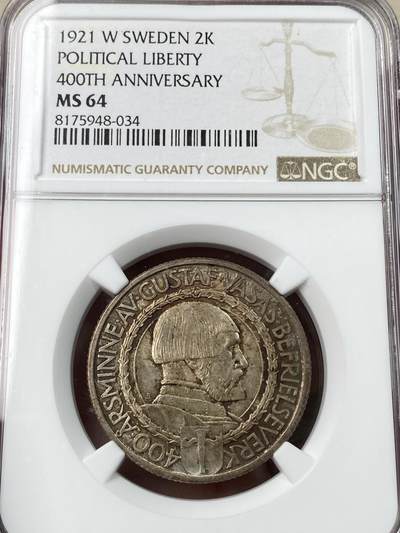 万国钱币拍卖第053期（万国秋季大拍●上） - NGC MS64 1921年瑞典古斯塔夫五世古斯塔夫·瓦萨解放战争400周年纪念流通2K银币 欧洲淡玫瑰彩包浆
