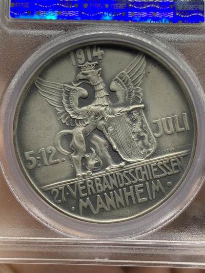 《竞宝斋》第429场 周日，周一，周二 3场连拍 （全场包邮） PCGS SP63 德国 1914年 曼海姆射击节大银章 精美大气 高浮雕 加厚盒