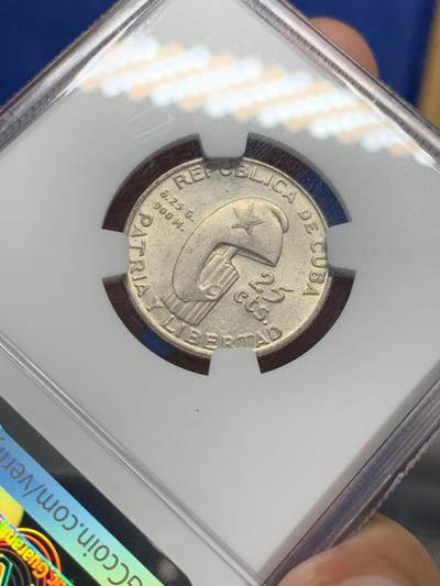 《竞宝斋》第429场 周日，周一，周二 3场连拍 （全场包邮） NGC MS62 古巴1953年纪念何塞·马蒂25分小银币 光度不错