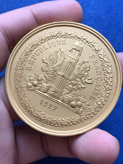 《竞宝斋》第429场 周日，周一，周二 3场连拍 （全场包邮） 1927年法国参议院议员镀金铜章 59.6克 52.4mm 丰饶角铜标 非原盒