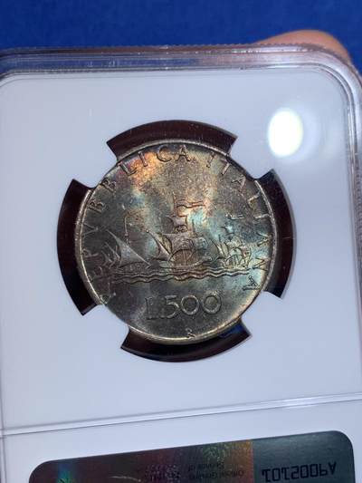 《竞宝斋》第429场 周日，周一，周二 3场连拍 （全场包邮） NGC MS65 意大利1966年500里拉银币，经典人妻帆船设计，双面深彩包浆。