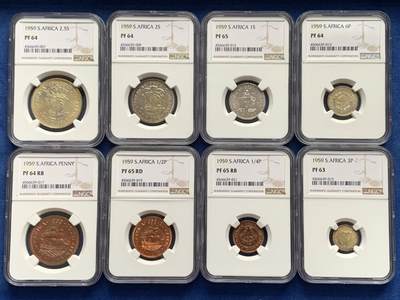 《竞宝斋》第429场 周日，周一，周二 3场连拍 （全场包邮） 特年 8枚一组 NGC PF63-65 南非 1959年 精制币一组 含5枚银币 从法新到2.5先令 一次配齐 发行量只有950套 最少的年份 