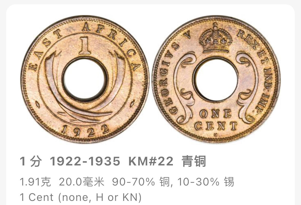 回流1019 英属东非1922年1分 乔治五世