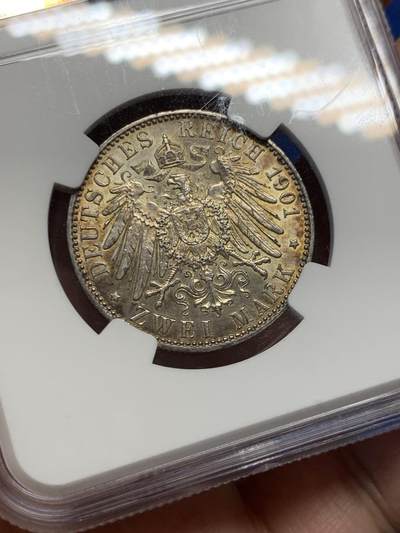 《竞宝斋》第429场 周日，周一，周二 3场连拍 （全场包邮） NGC MS62 德国1901年普鲁士建国200周年2马克银币 深包浆 底板干净有些压分