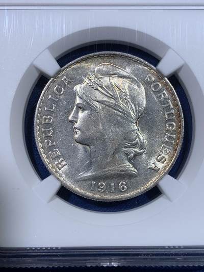 《竞宝斋》第429场 周日，周一，周二 3场连拍 （全场包邮） NGC MS61 葡萄牙 1916年 50分 女神像银币 前后带点彩