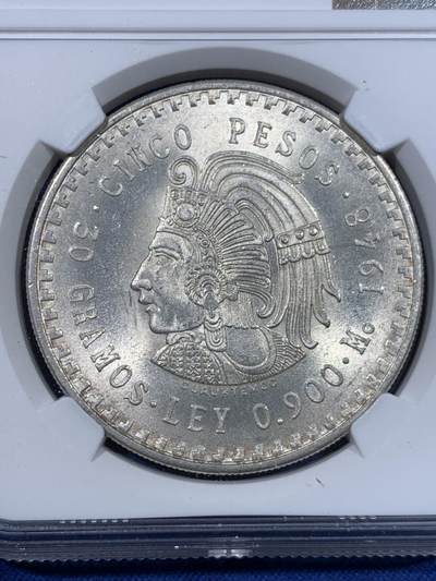 《竞宝斋》第429场 周日，周一，周二 3场连拍 （全场包邮） NGC MS65 墨西哥1948年5比索酋长头像大银币 高银 !