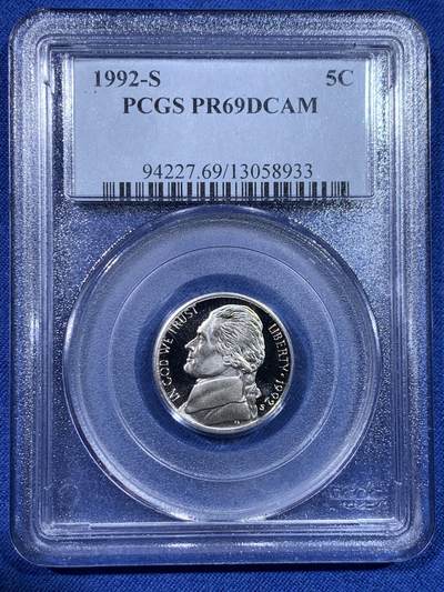 《竞宝斋》第429场 周日，周一，周二 3场连拍 （全场包邮） - PCGS PR69DCAM 美国1992年S版5美分精制币 老盒