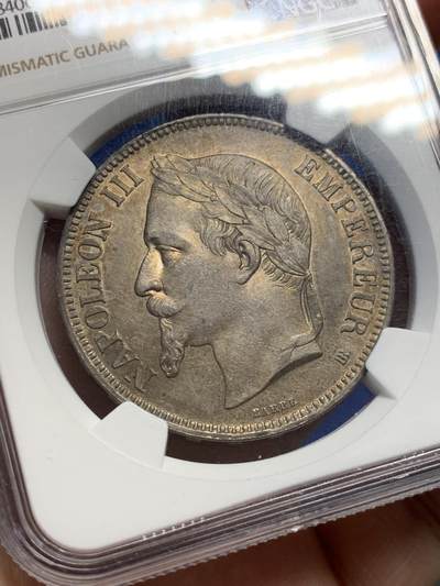 《竞宝斋》第429场 周日，周一，周二 3场连拍 （全场包邮） NGC UNC 法国1869年拿破仑三世5法郎银币