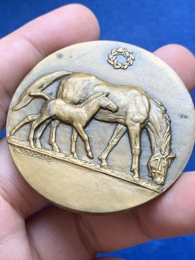 《竞宝斋》第429场 周日，周一，周二 3场连拍 （全场包邮） 法国马术比赛铜章 70克 50mm 丰饶角铜标