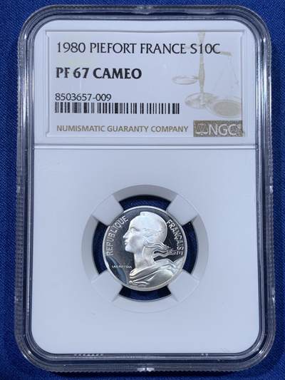 《竞宝斋》第429场 周日，周一，周二 3场连拍 （全场包邮） NGC PF67 CAMEO 法国第五共和国 1980年 10分加厚精制银币 7.6克 950银 资料显示发行量仅820枚
