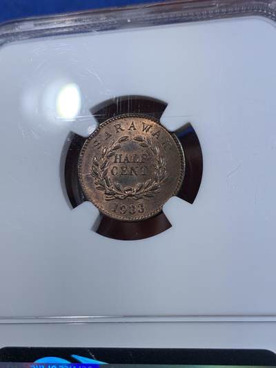 《竞宝斋》第429场 周日，周一，周二 3场连拍 （全场包邮） NGC MS63RB 沙捞越 1933H 1/2分 转光犀利 些许低评了