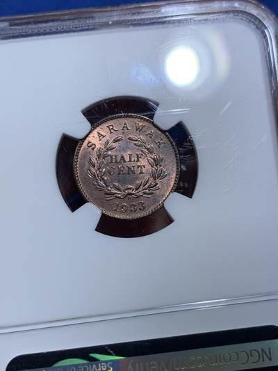 《竞宝斋》第429场 周日，周一，周二 3场连拍 （全场包邮） NGC MS63RB 沙捞越 1933H 1/2分 转光犀利 些许低评了