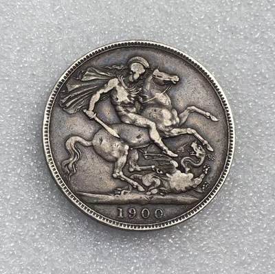 世界钱币专场拍卖 每周二开拍 - 1900年英国维多利亚女王披纱马剑一克朗流通银币 28克 92.5%银