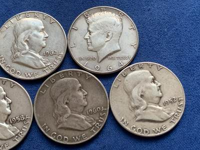 《竞宝斋》第429场 周日，周一，周二 3场连拍 （全场包邮） 六枚一组 美国半美元银币 1964年肯尼迪1枚+富兰克林华盛顿大笨钟5枚 总重约74.8克