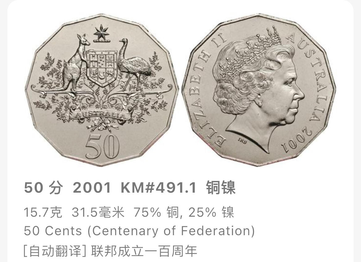 回流1019 澳大利亚🇦🇺2001年50分联邦成立100周年纪念币