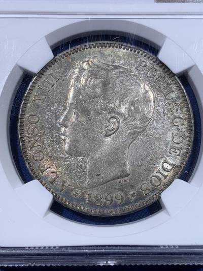 《竞宝斋》第429场 周日，周一，周二 3场连拍 （全场包邮） NGC MS62 西班牙1899年阿方索少年头5比塞塔 银币 五彩包浆美轮美奂 不容错过