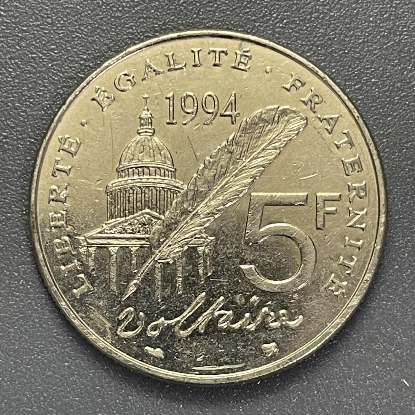 回流1019 法国1994年5法郎 伏尔泰诞辰300周年纪念币 29mm 