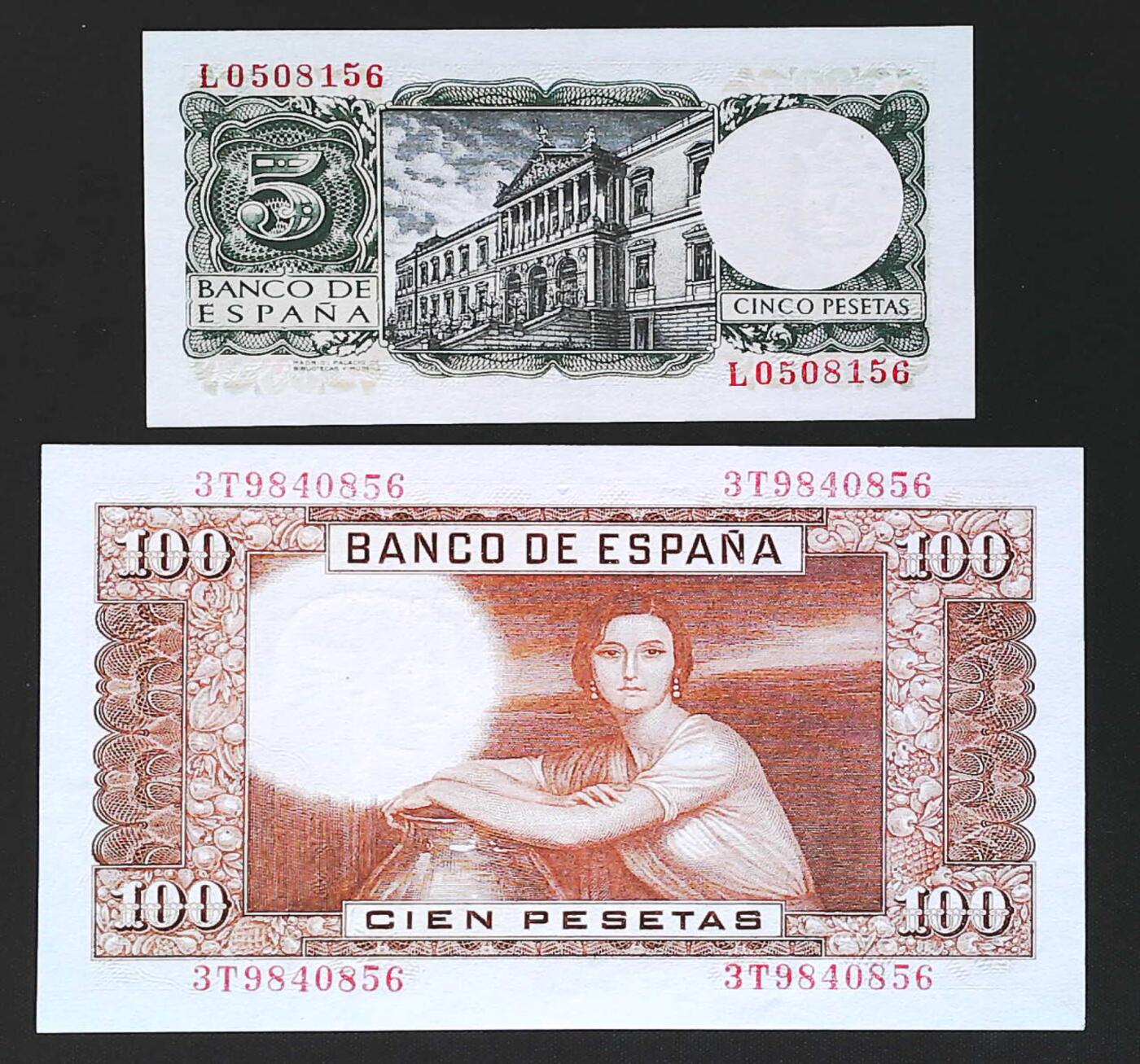 世界靓号纸钞第七十六期 1953-54年老版西班牙5 100比塞塔两张 全新UNC