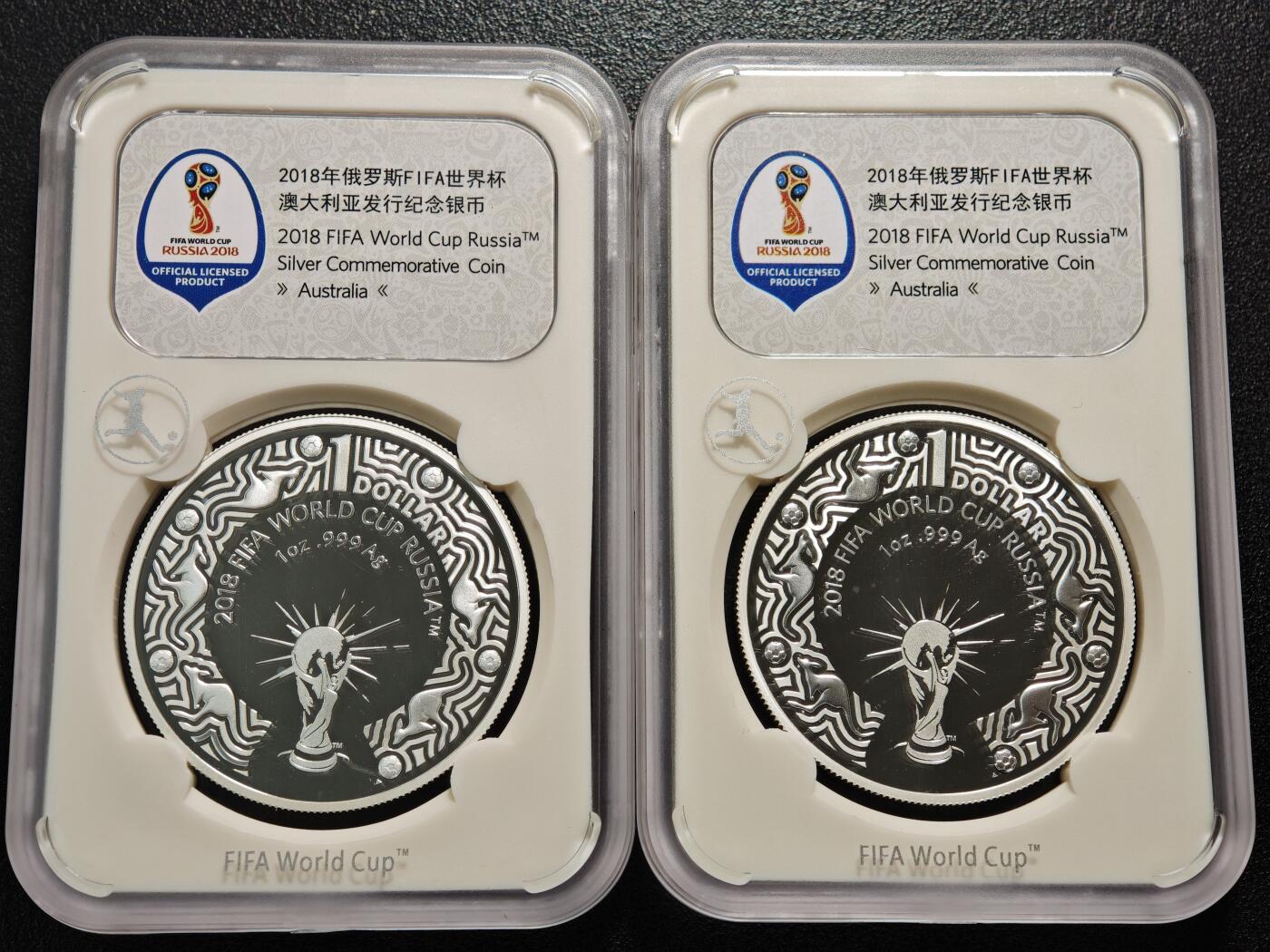 【德藏】世界币章拍卖第150期（拍品征集中~欢迎藏友联系） 2枚一组 2018年 澳大利亚俄罗斯世界杯1元纪念银币 封装版 1盎司 999银