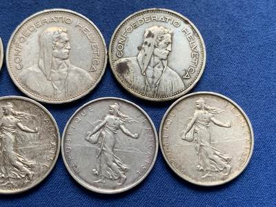 《竞宝斋》第429场 周日，周一，周二 3场连拍 （全场包邮） 七枚一组 瑞士威廉退尔5法郎银币3枚+法国播种女神5法郎银币4枚 总重约92.8克