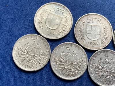 《竞宝斋》第429场 周日，周一，周二 3场连拍 （全场包邮） 七枚一组 瑞士威廉退尔5法郎银币3枚+法国播种女神5法郎银币4枚 总重约92.8克